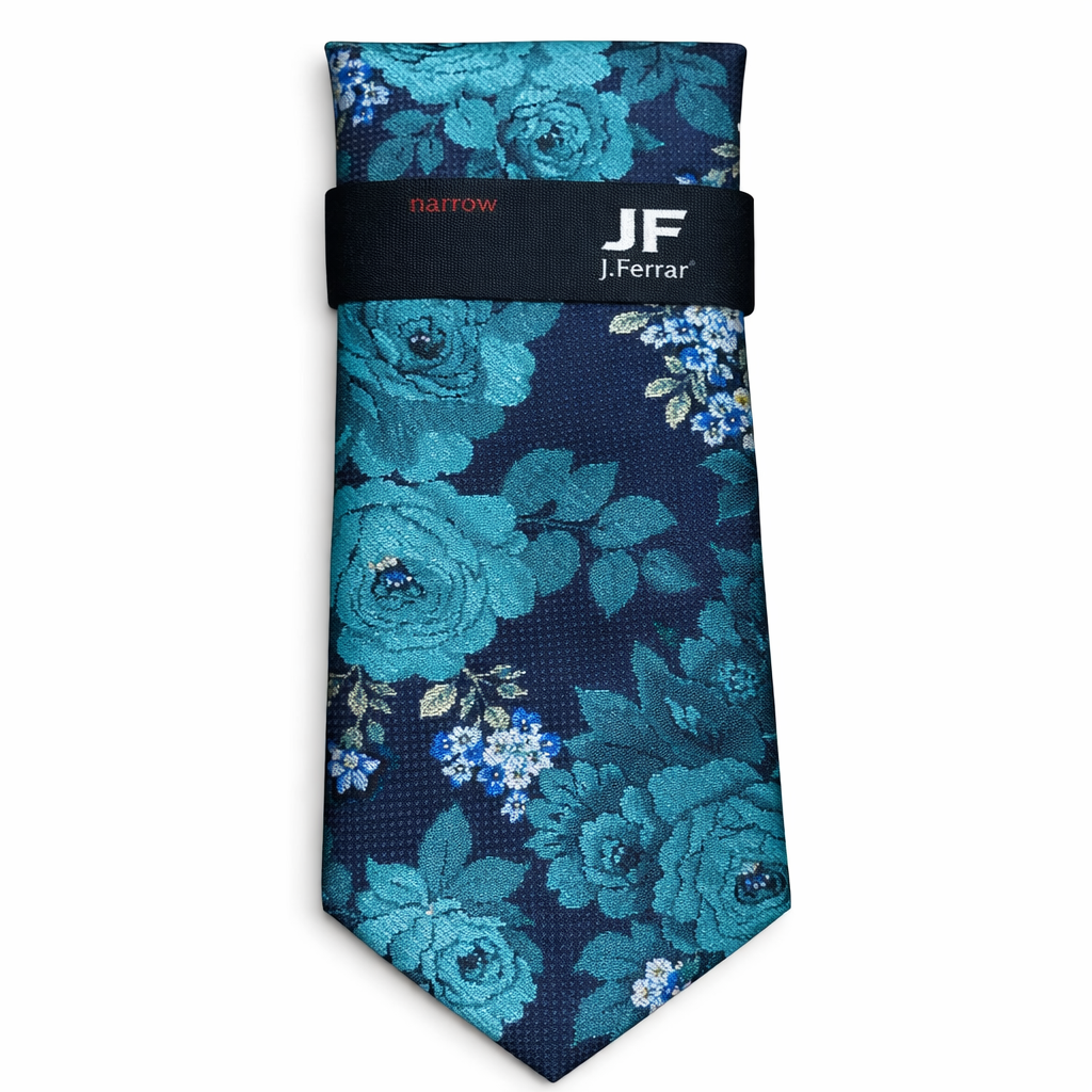 J.Ferrar Narrow Floral Tie in Teal, Blue, and Navy - One Size