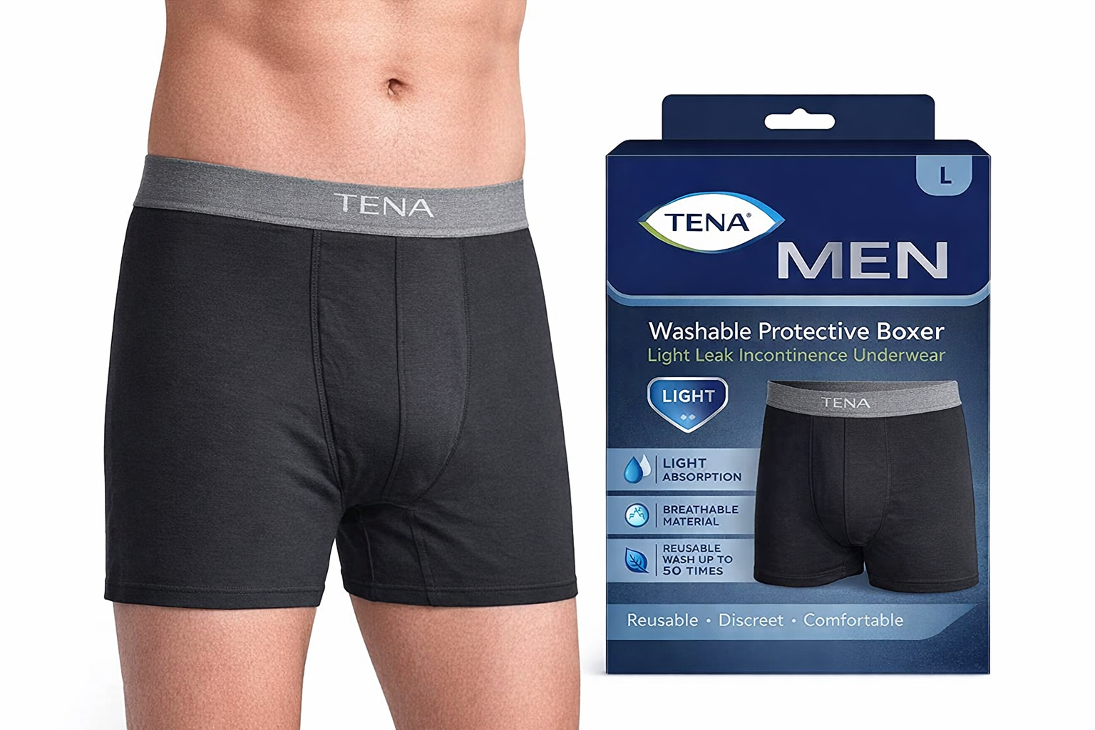 TENA Men's Washable Protective Boxer Light Leak Incontinence Underwear