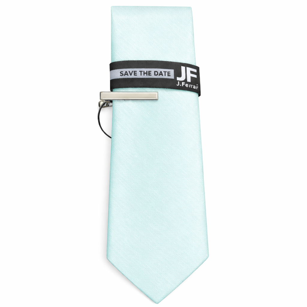 J.Ferrar “Save the Date” Light Aqua Necktie with Tie Clip – Men’s Formal Tie