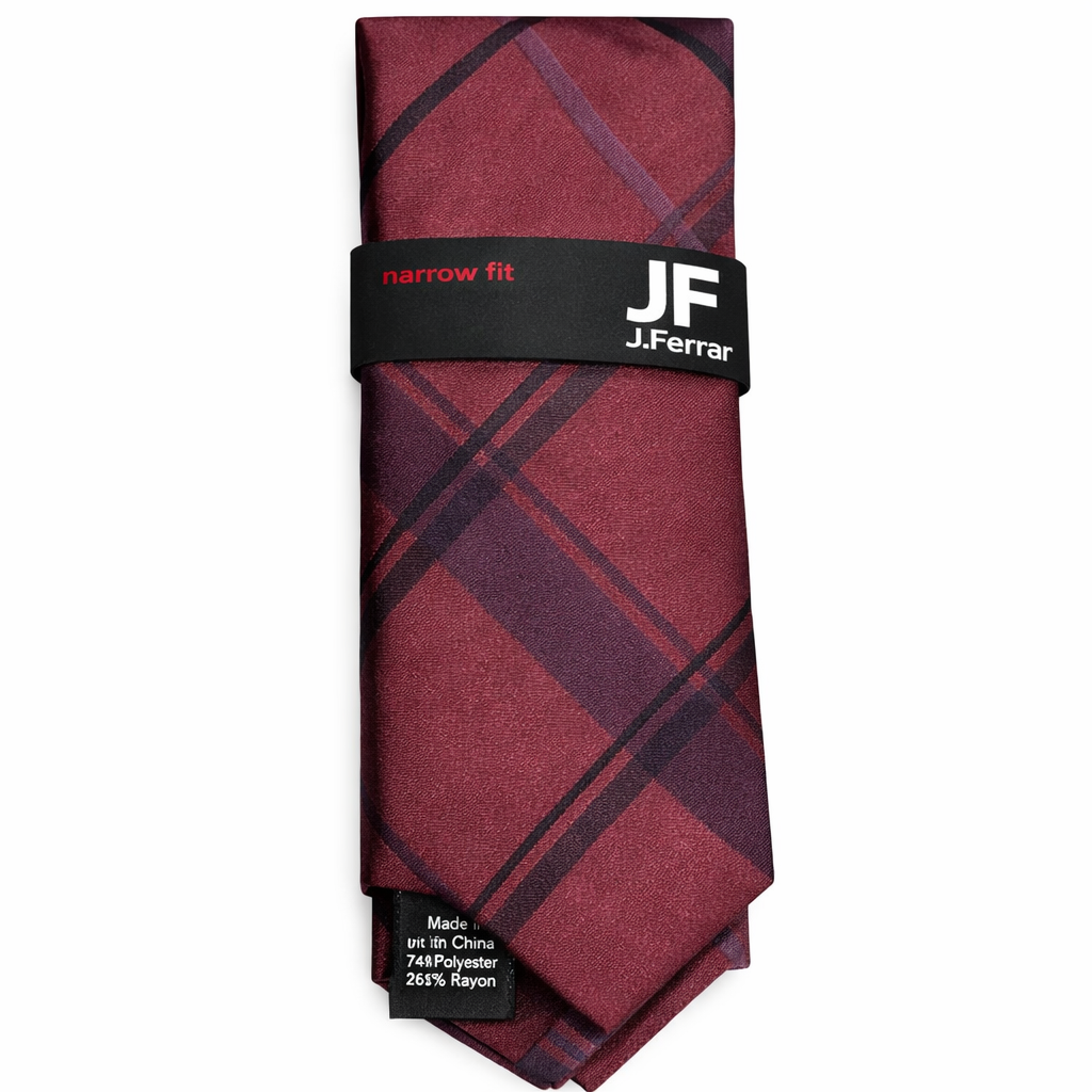 J.Ferrar Narrow Fit Burgundy Plaid Necktie – Men’s Slim Formal Tie