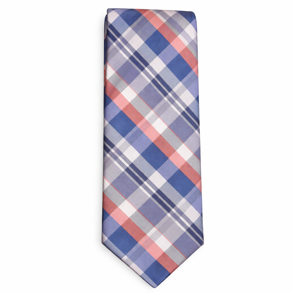 J.Ferrar Men’s Plaid Narrow Tie – Blue, Grey & Coral Pattern