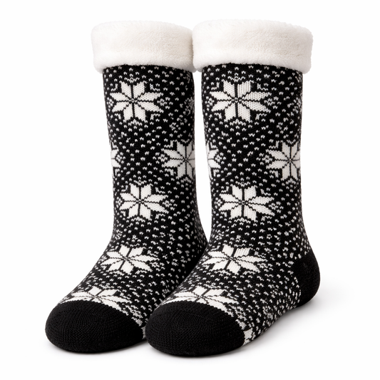 ArcticHaven™ Nordic Snowflake Fleece-Lined Winter Socks – Black & White