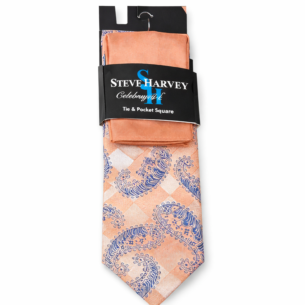 Steve Harvey Celebrity Paisley Tie & Pocket Square Set – Peach & Blue