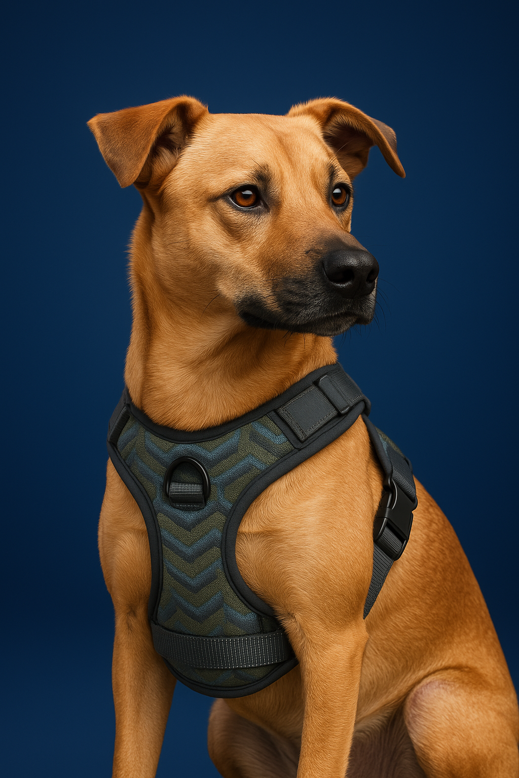Dog wearing a chevron pattern harness against a blue background