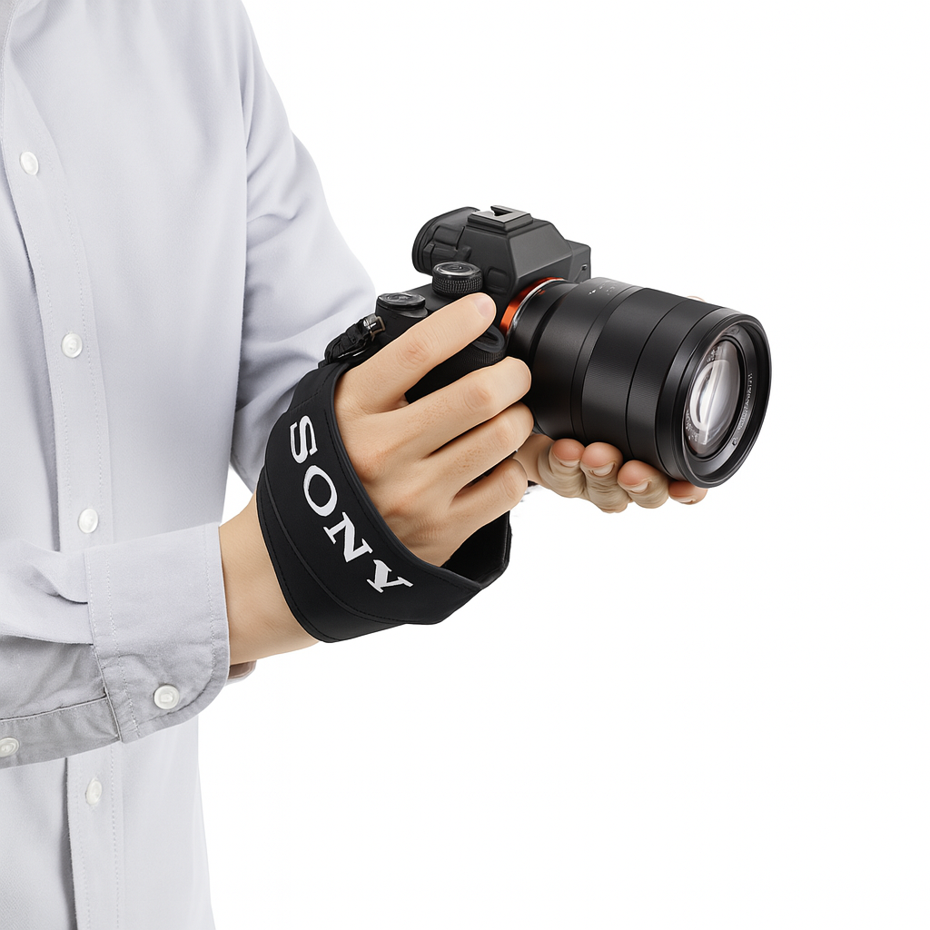 Person holding a Sony camera with a white background