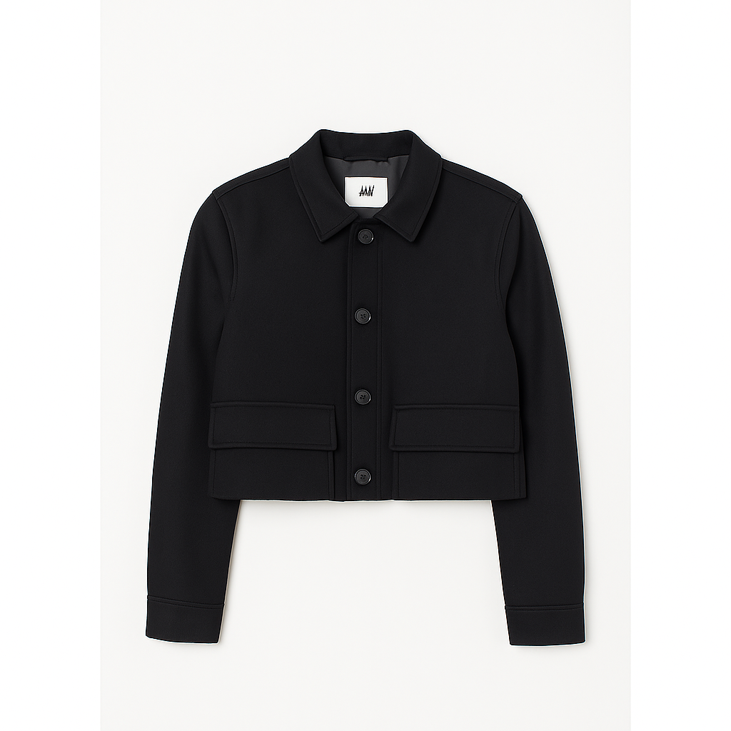 Marine BlACK Short Wool-Blend Coat with Classic Lapel