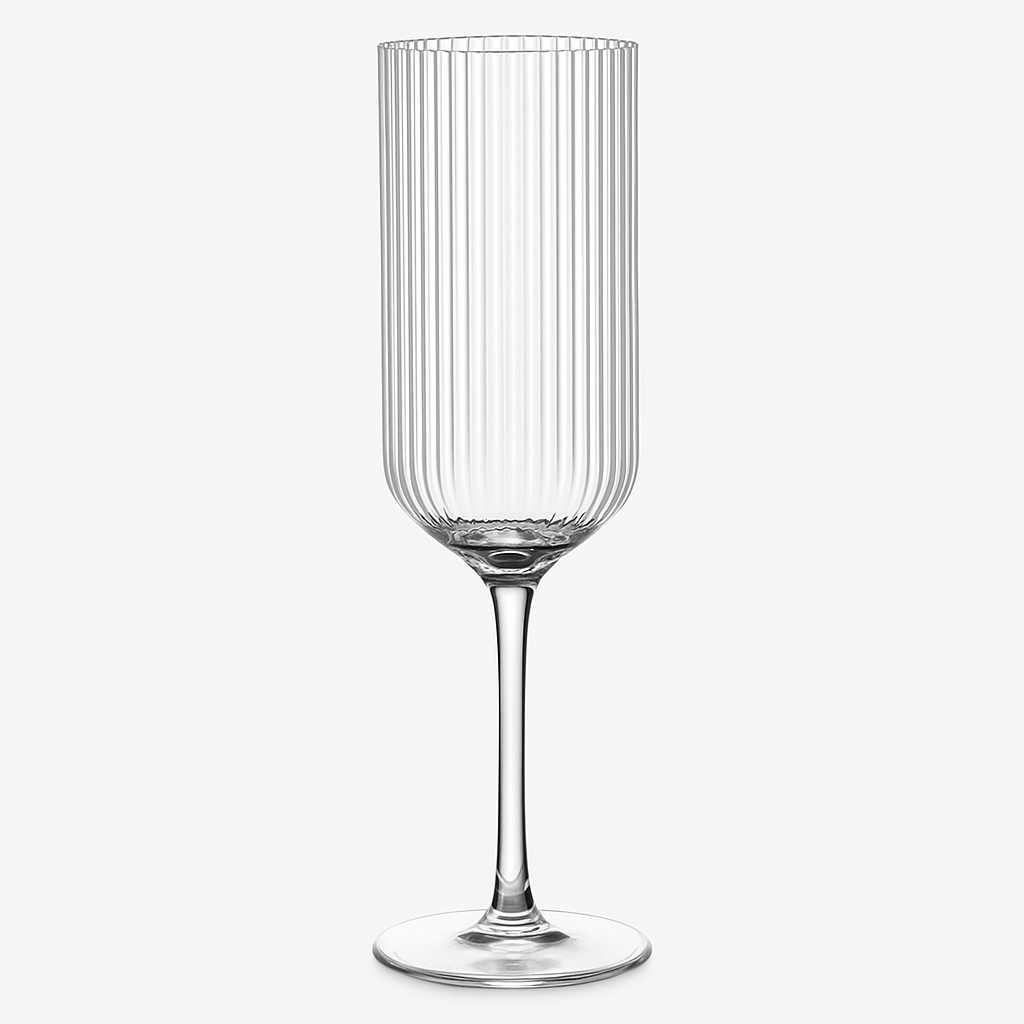 Clear glass wine glass with vertical ribbing on a white background
