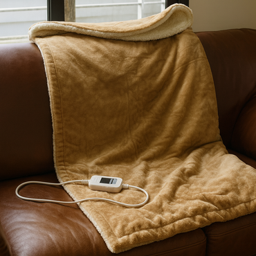 Beige electric blanket on a brown couch with a power adapter plugged in, under striped window blinds.