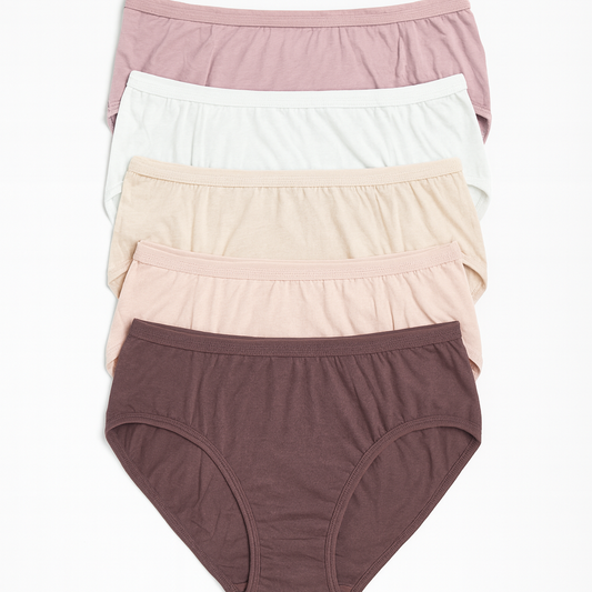 Set of women's underwear in various colors on a white background