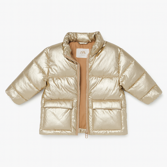 Zara Metallic Gold Puffer Coat, Warm Toddler Girls Jacket