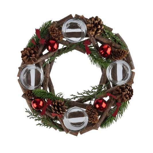 Decorative wreath with pine cones, red berries, and glass balls on a white background