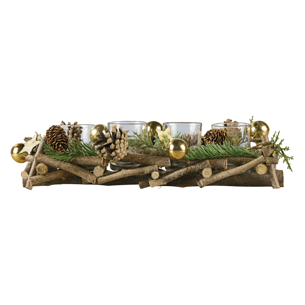 Elegant Gold Rustic Advent Decoration with Pinecones & Glass Tealight Holders