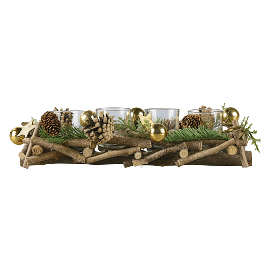 Elegant Gold Rustic Advent Decoration with Pinecones & Glass Tealight Holders