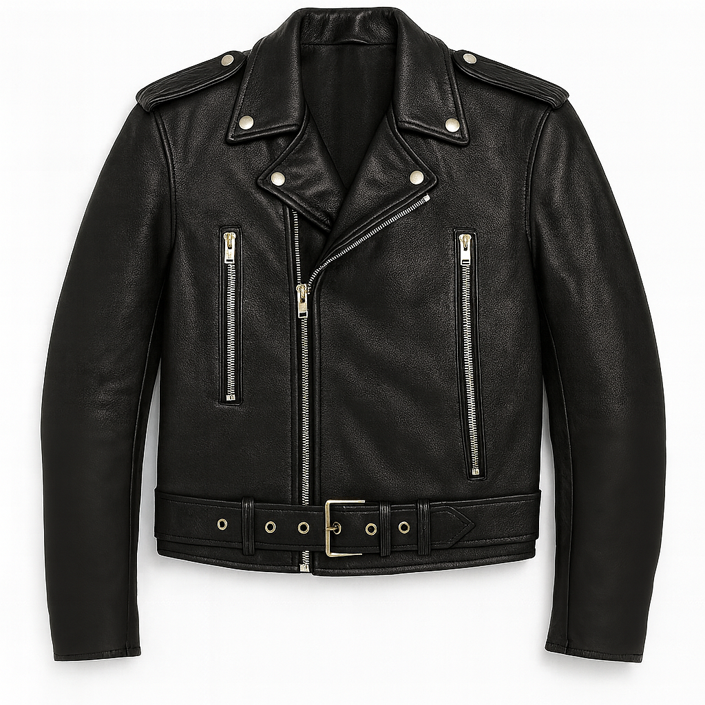 Black leather jacket with zippers on a white background