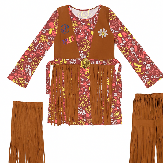Hippie costume with patterned top and fringed pants on a white background
