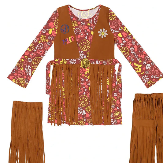 Groovy 70s Psychedelic Hippie Costume Dress with Fringe & Peace Symbols - Gomix Brands Outlet