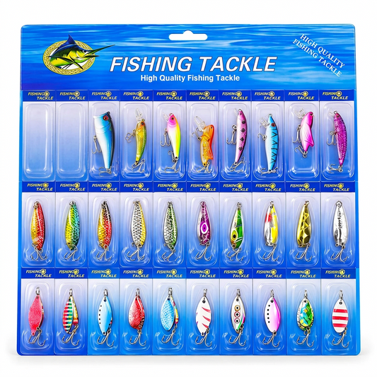 A retail display card filled with 28 different fishing lures in various colors and patterns, under a blue header card labeled 'FISHING TACKLE'.