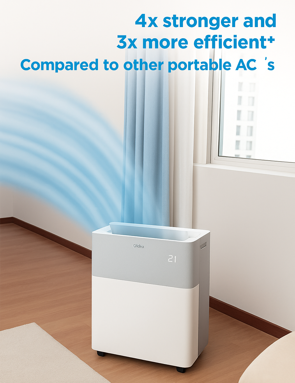Portable air conditioner in a room with text highlighting its strength and efficiency compared to other portable air conditioners.