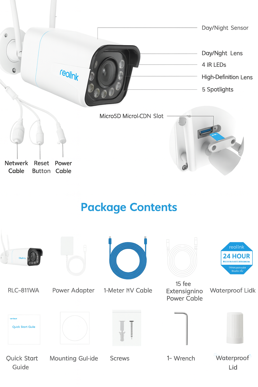 Security camera with labeled parts and package contents on a white background