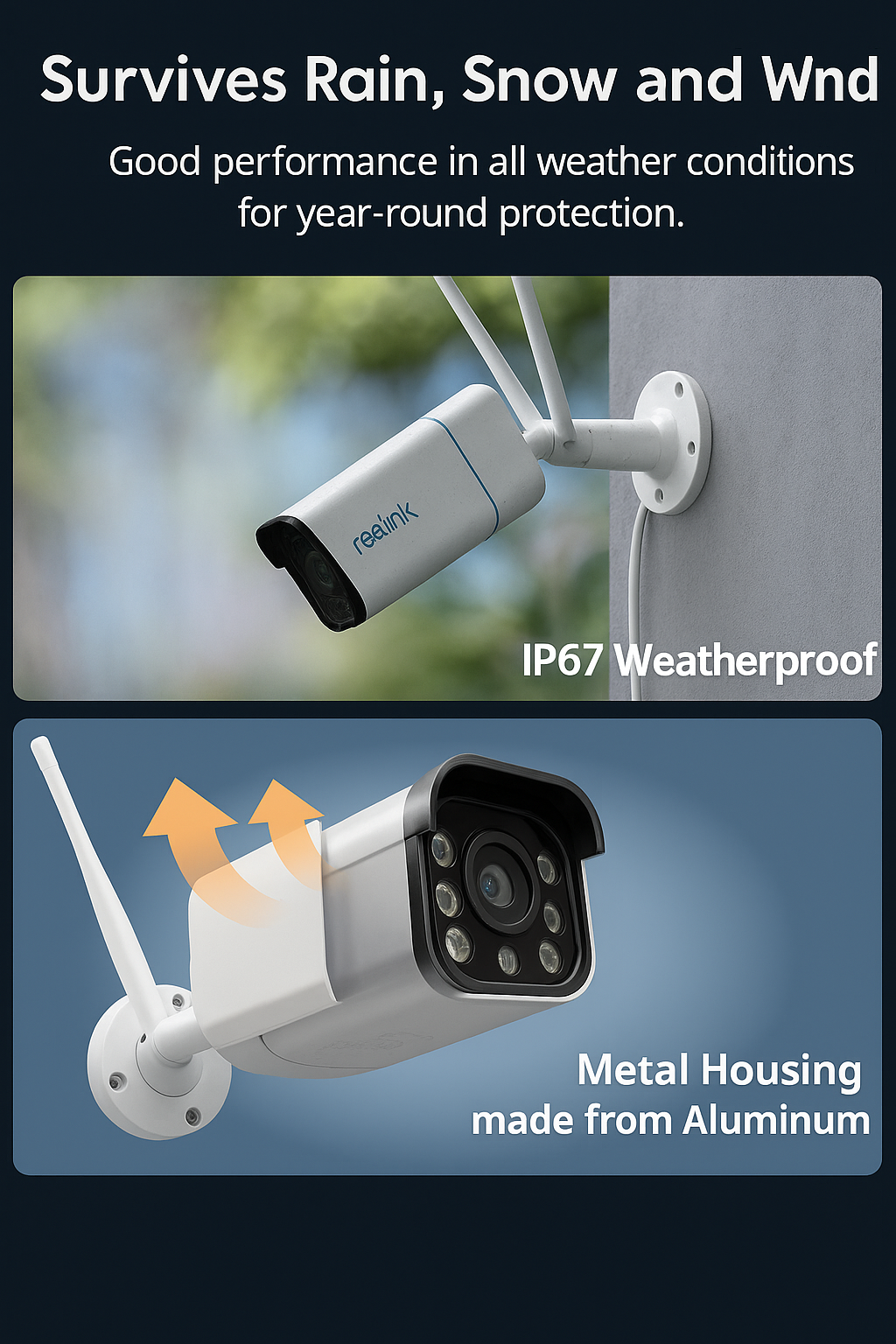 Weatherproof security camera with metal housing, outdoor setting.