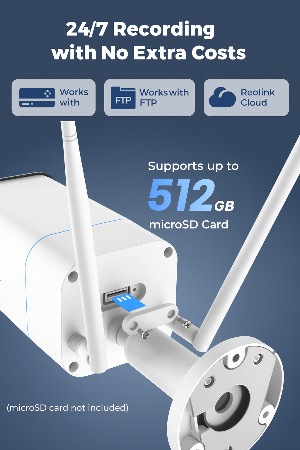 Security camera with microSD card slot on a blue background, featuring text about recording capabilities and storage capacity.