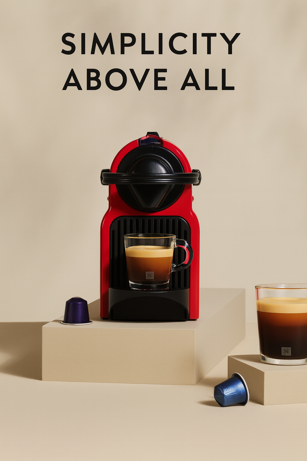 Red coffee machine with a glass of coffee on a beige background, featuring the text 'Simplicity Above All'.
