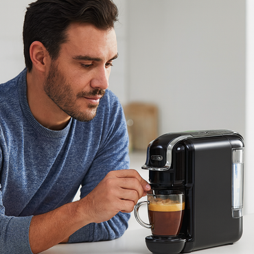 Man making a coffee using a black coffee machine.