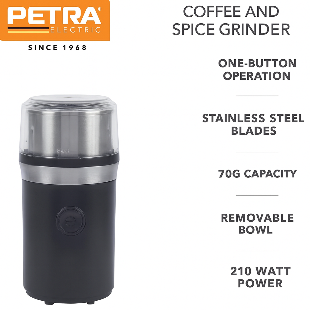 Petra 210W Coffee & Spice Grinder, 70g Capacity, Stainless Blade
