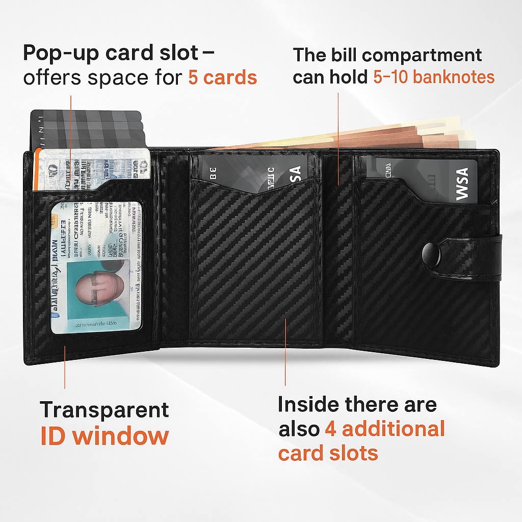 Tomylv RFID-Blocking Carbon Fiber Leather Bifold Wallet – Black/Orange