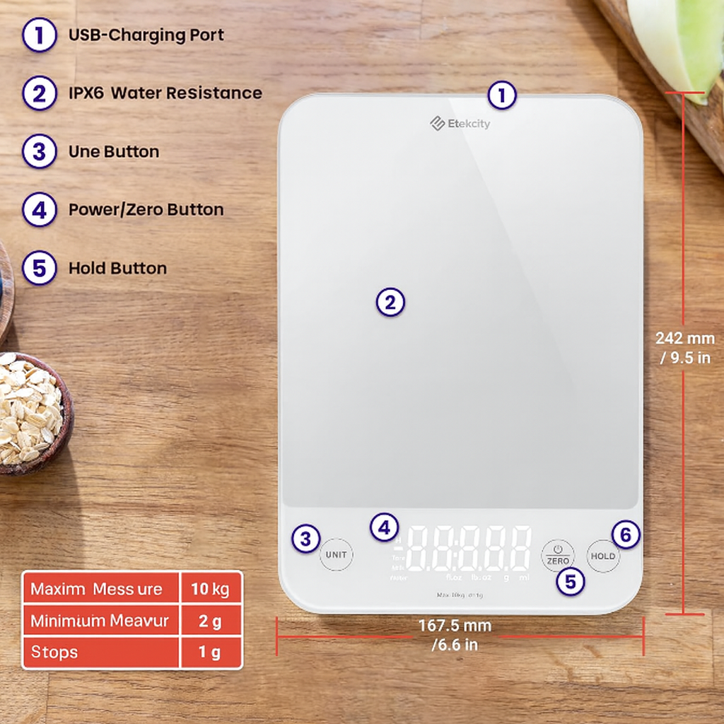 Digital kitchen scale with labeled features and dimensions on a wooden surface