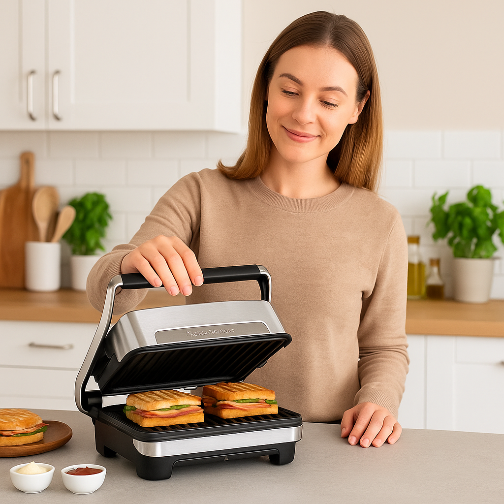Moulinex Home Compact Panini & Griddle, Non-Stick Cooking Plates, Easy to Store, Easy to Clean