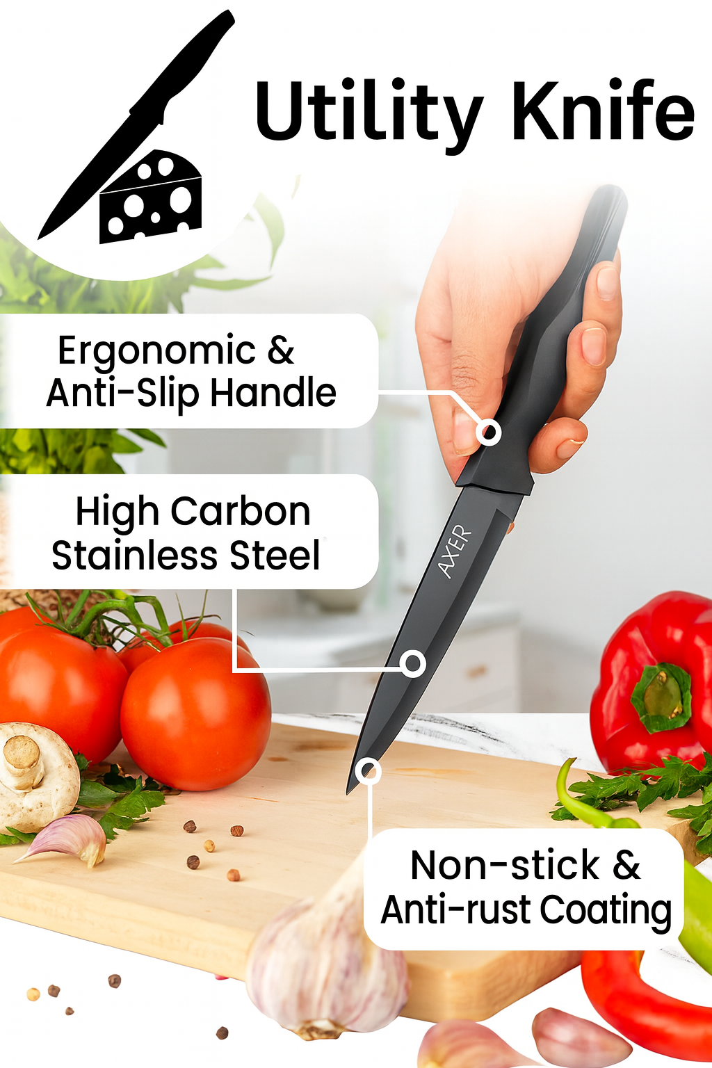 Axer 12cm Black Stainless Steel Utility Knife – Sharp Ergonomic Blade