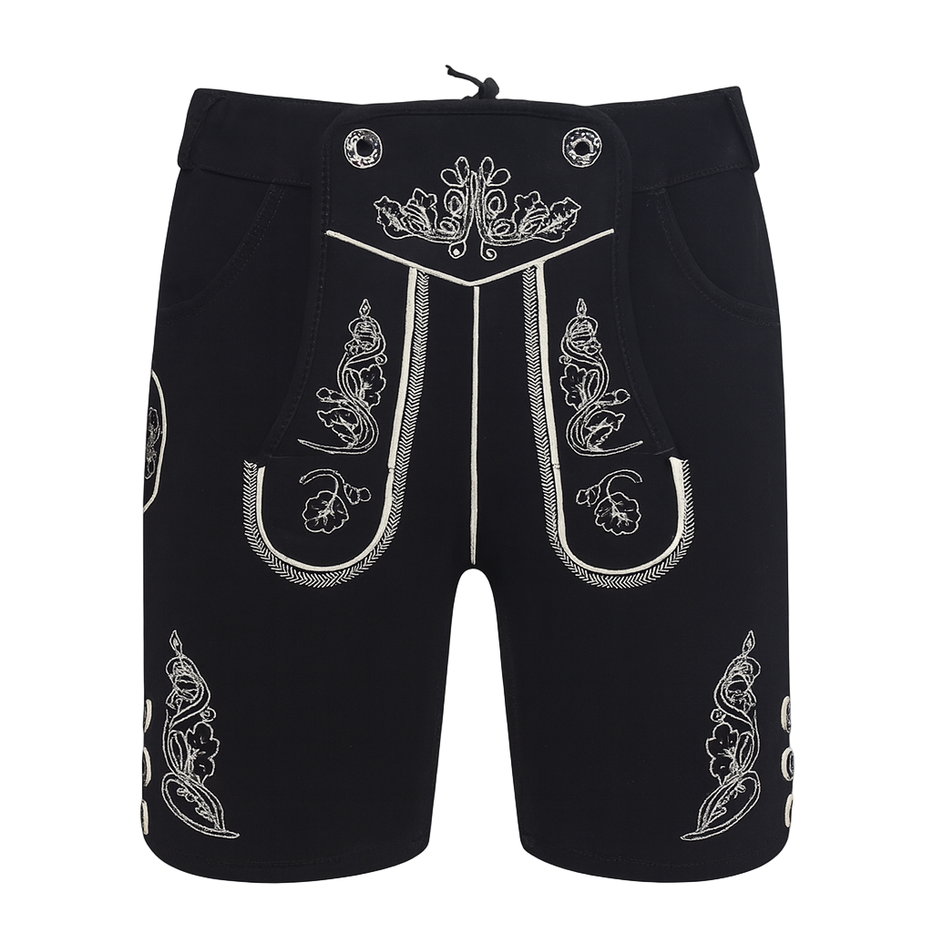Black shorts with white embroidery on a light white background