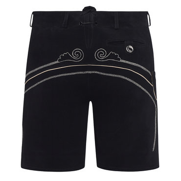 Black shorts with white wave designs on a light white background
