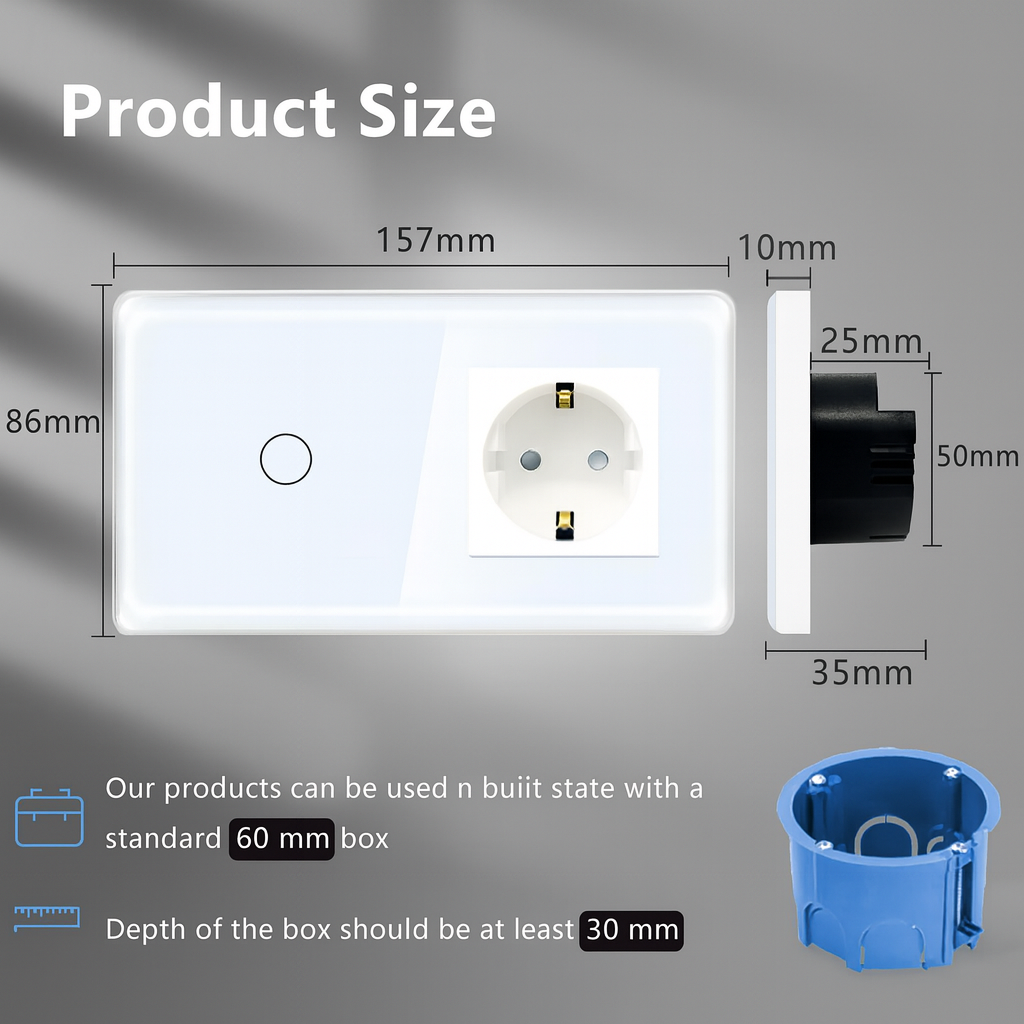 Sleek TAWOIA Touch Light Switch with Socket, EU Standard, 2.5D Curved Glass