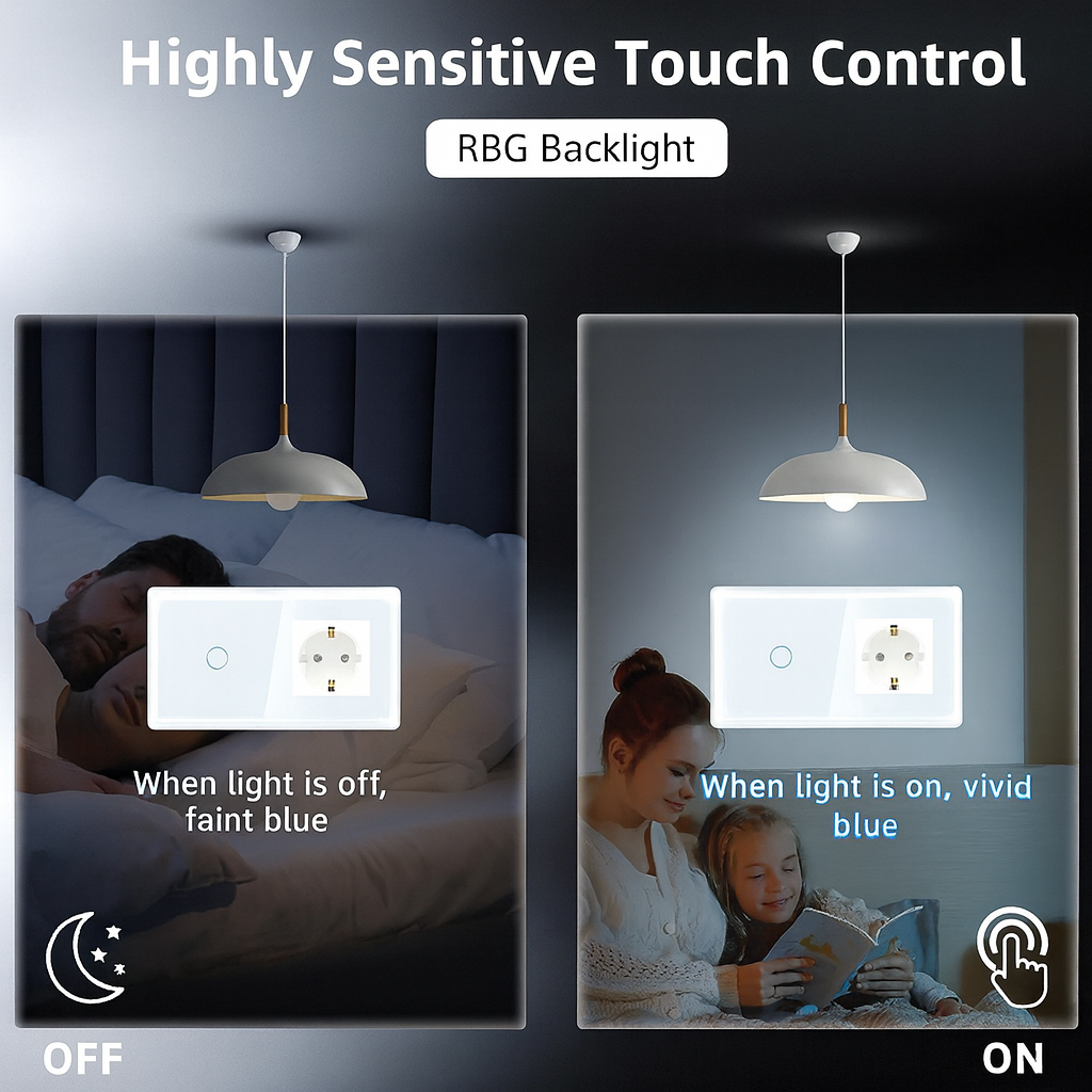 Sleek TAWOIA Touch Light Switch with Socket, EU Standard, 2.5D Curved Glass