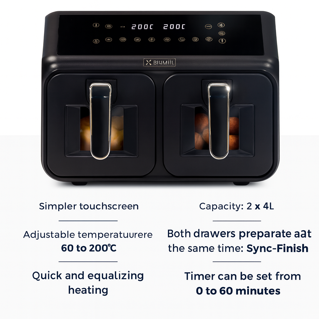 BluMill Dual Basket Air Fryer XXL with Viewing Window, Sync-Finish