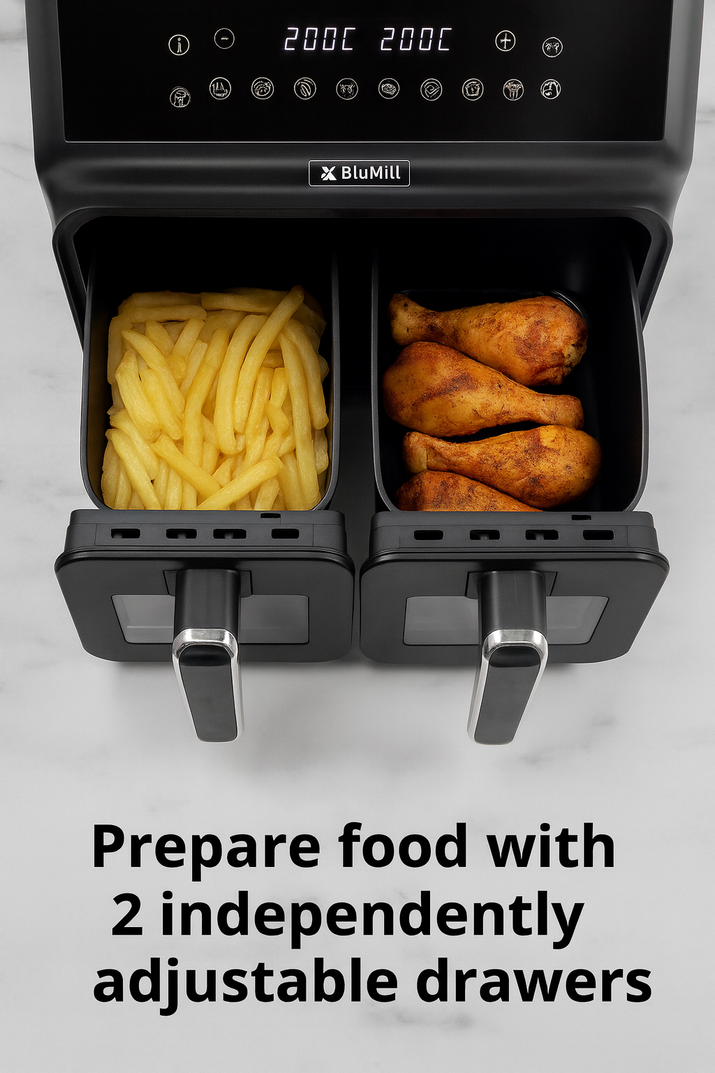 BluMill Dual Basket Air Fryer XXL with Viewing Window, Sync-Finish