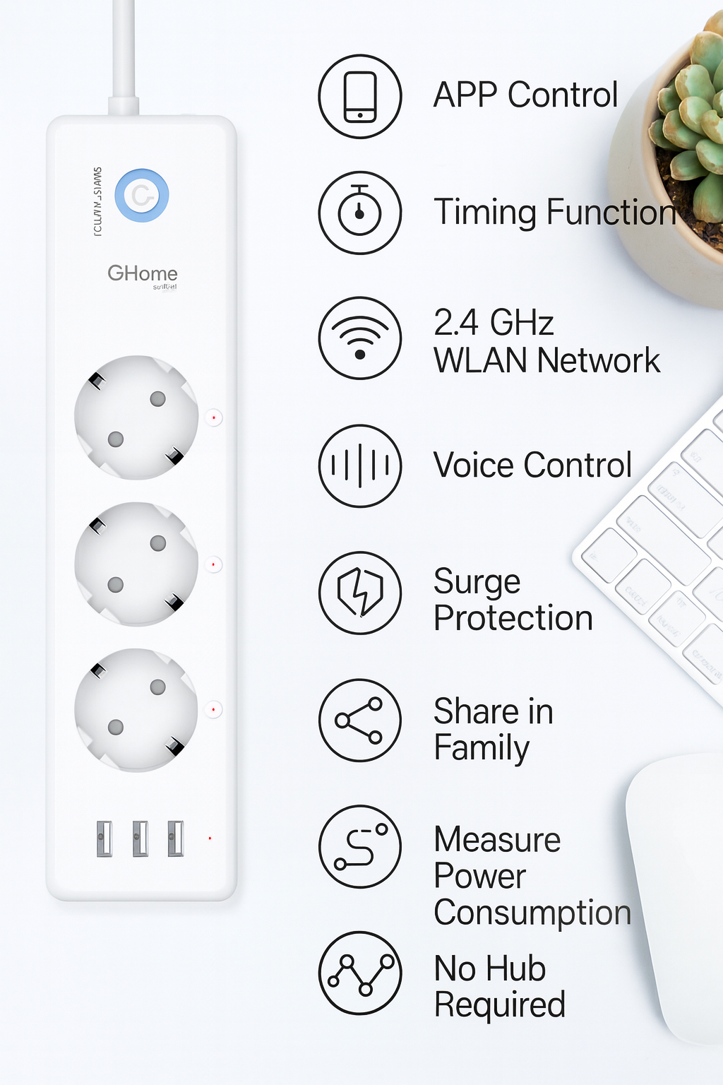 Smart Wi-Fi Power Strip: 3 AC Outlets, 3 USB Ports, App Control
