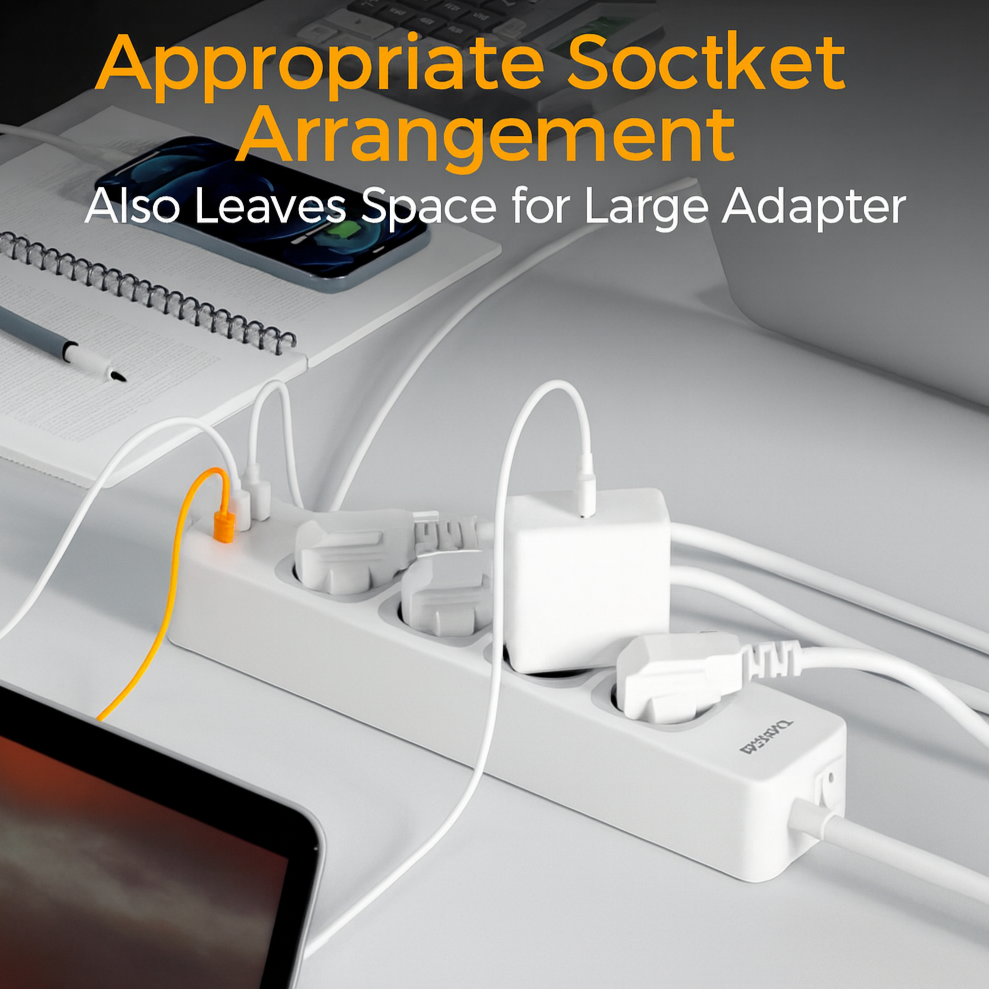 Electrical outlet with multiple cables and a large adapter, labeled 'Appropriate Socket Arrangement'.