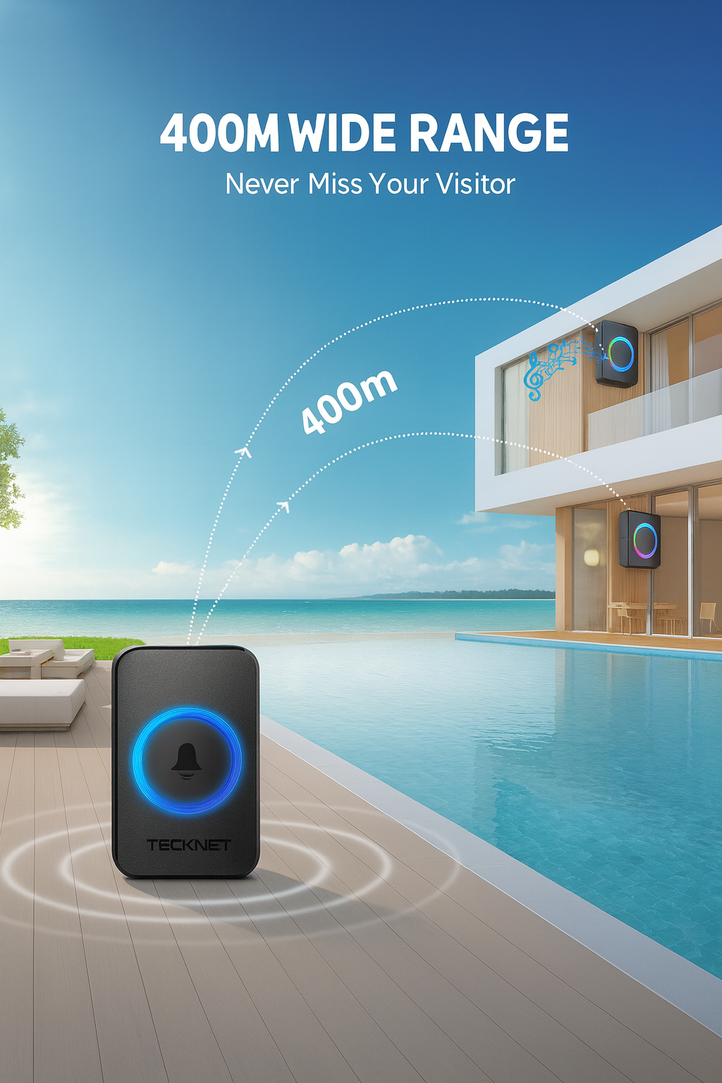Outdoor security device with 400m wide range feature, displayed by a modern house by a pool.