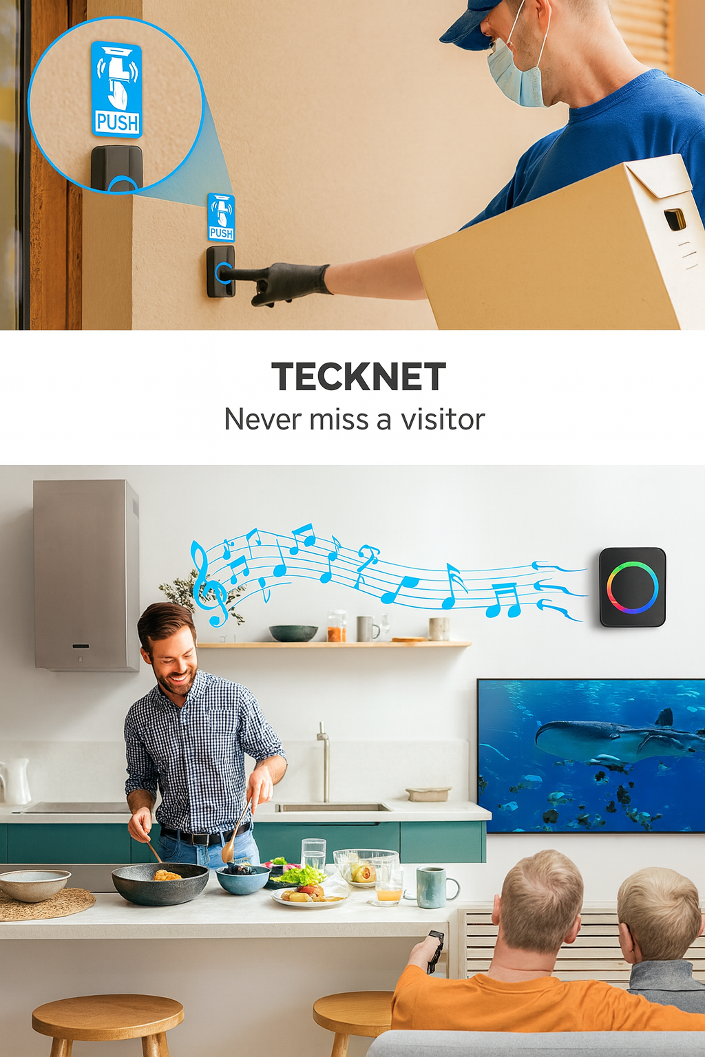 TECKNET Wireless Doorbell Kit: 400m Range, IP65 Waterproof, 2 Receivers
