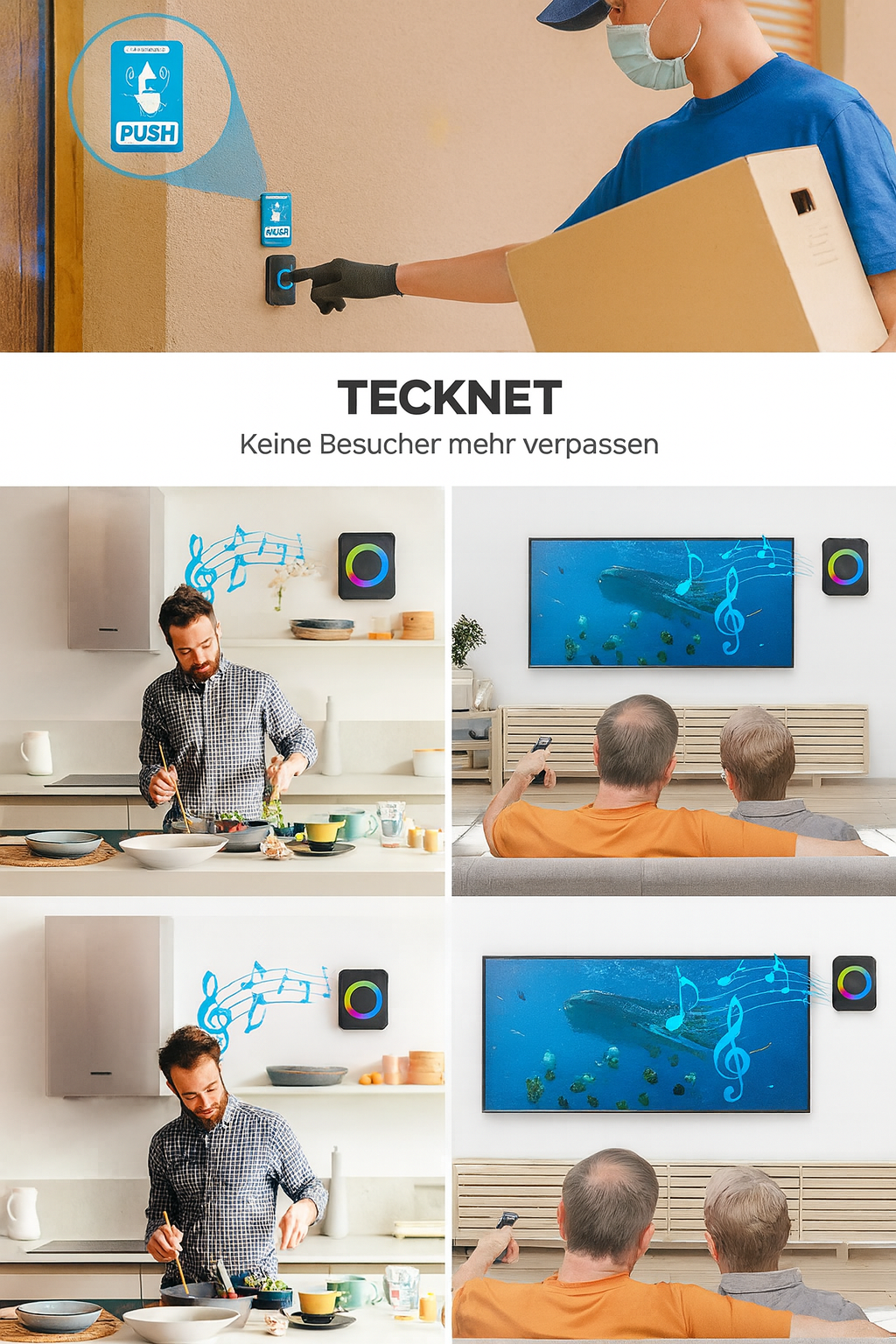 TECKNET Wireless Doorbell Kit: 400m Range, IP65 Waterproof, 2 Receivers
