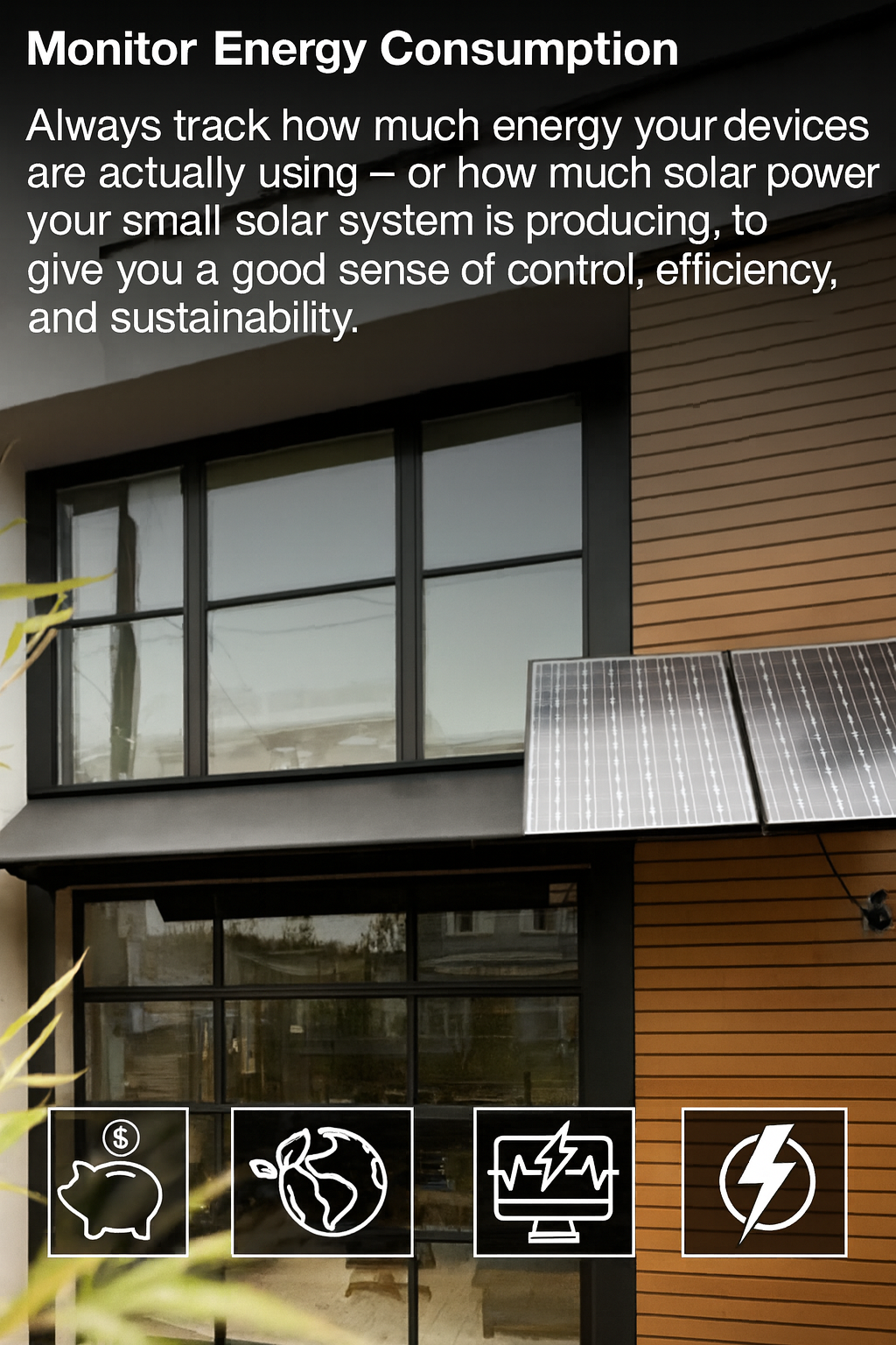 Solar panels on a building with text about monitoring energy consumption.