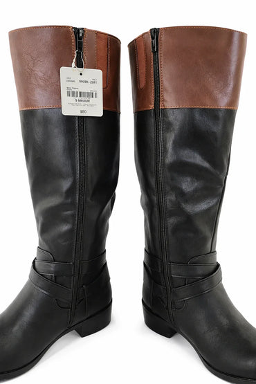 ANA Women's Torrance Riding Boots Black Cognac Block Heel - Gomix Brands Outlet
