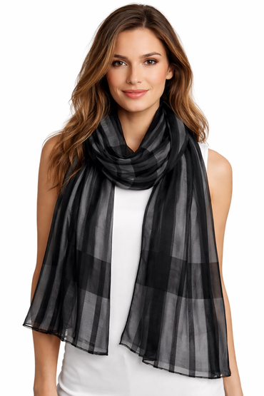 Style Collection Black Satin Elegant Women's Stripe Scarf with Soft Finish