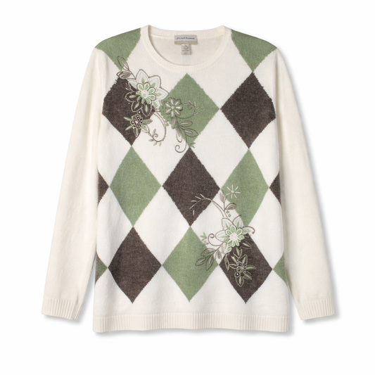 Alfred Dunner Lake Geneva Ivory Green Chenille Pullover Sweater