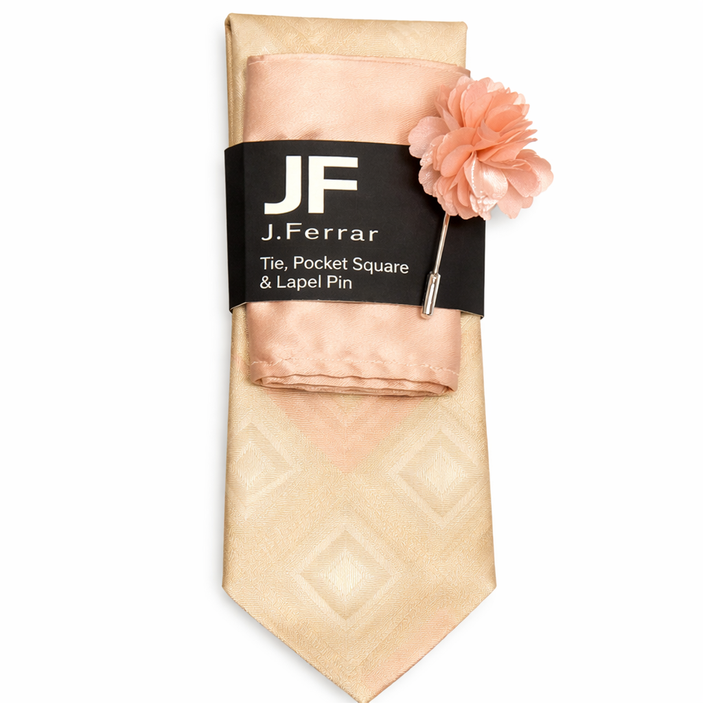 J.Ferrar Men’s Tie, Pocket Square & Lapel Pin Set – Champagne & Blush