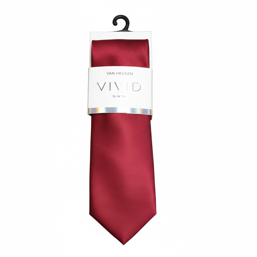 Red tie with Van Heusen Vivid label on a white background