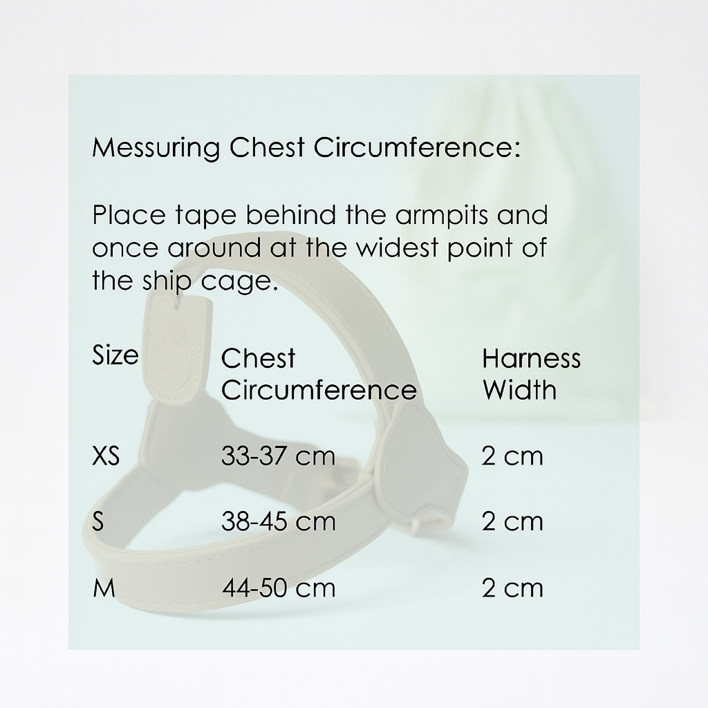 Measurement guide for a harness with chest circumference and harness width details.